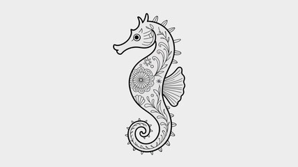 Fototapeta premium Seahorse, marine animal, black line art, illustration, vector graphics