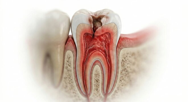 Anatomical visualization displaying inflamed tooth pulp pulpitis within molar cross section representing painful oral pathology and nerve infection within clinical medical science