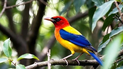 Fototapeta premium Vibrant Tropical Bird Perched on Branch Amidst Green Foliage in Nature