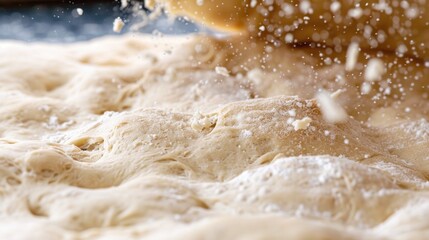 Obraz premium Fluffy Dough Rising with Flour Dust in a Bright Kitchen Environment