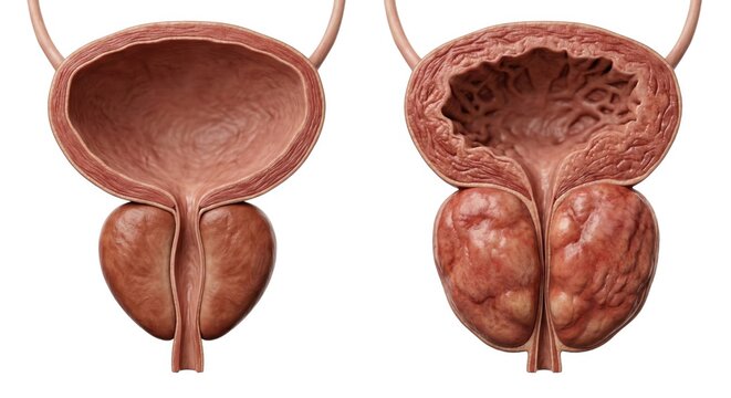 Benign prostatic hyperplasia BPH prostate enlargement anatomy visualization displaying compressed urethra and thickened bladder wall representing common male urology pathology science