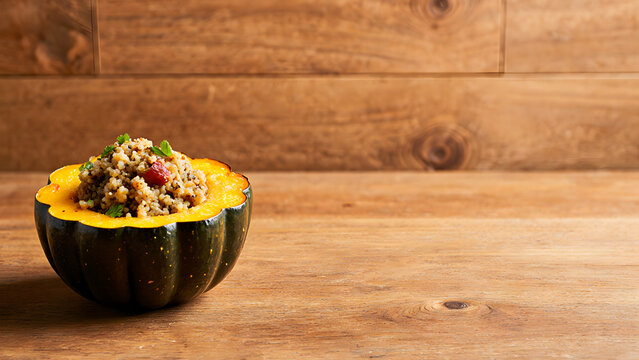 Stuffed Kabocha Squash on a Wooden Background