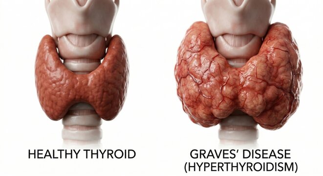 Anatomical comparison visualization displaying healthy thyroid gland alongside one afflicted by Graves' disease hyperthyroidism goiter enlargement representing endocrine pathology clinical science