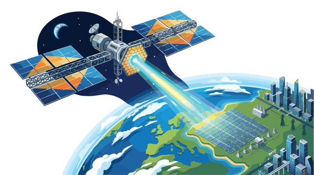 Satellite in orbit emitting energy beam toward Earth.