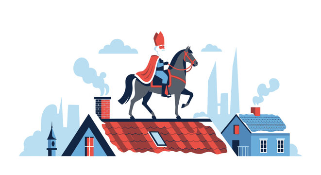 Saint Nicholas on Horseback Above City Rooftops