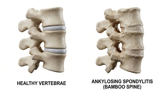 Anatomical visualization displaying healthy spinal segment alongside one with bamboo spine fusion and calcified ligaments representing chronic inflammatory musculoskeletal pathology