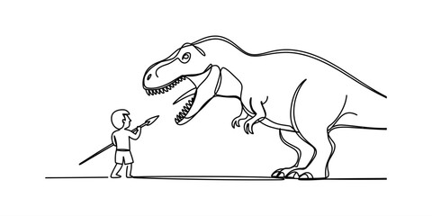 A small caveman fighting a giant dinosaur with a spear in a simple black and white line drawing style © Tona Drawing Gallery
