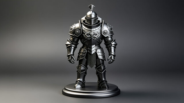 A highly detailed silver knight figurine in full plate armor featuring intricate dragon engravings, standing on a circular pedestal.