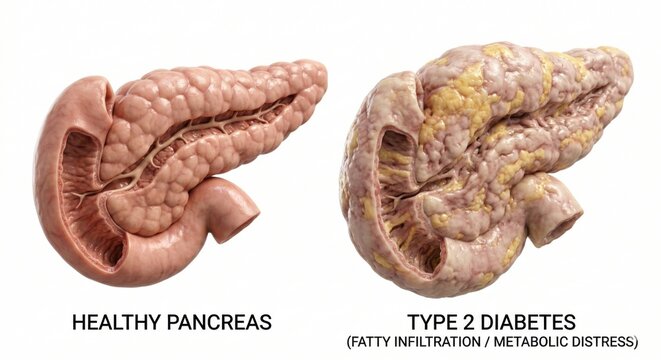 Anatomical comparison visualization displaying healthy pancreas alongside one with fatty infiltration in Type 2 Diabetes representing obesity metabolic syndrome pathology clinical science