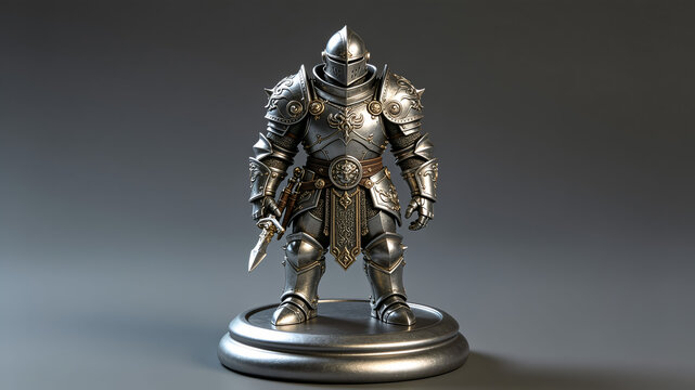 Highly detailed miniature figurine of a fantasy knight in ornate silver and gold plate armor, standing on a metallic base against a gray background.