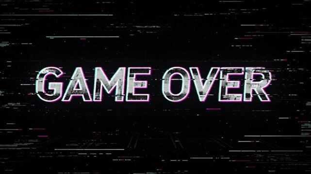 Digital glitch distortion on Game Over text. Chromatic aberration and static noise overlay on black background