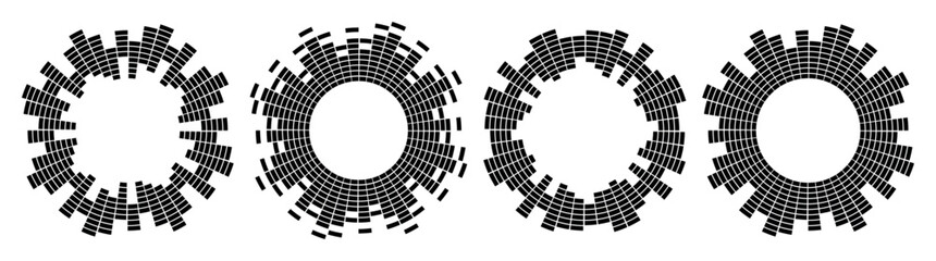 Collection of black circular equalizer icons with segmented radial bars, abstract audio spectrum set designed for music technology interfaces and modern digital media projects © SpainArts