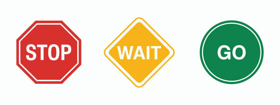 Stop Wait Go Vector Signs Set, Traffic Signal and Road Warning Symbols Collection