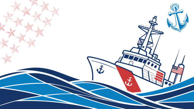 Us coast guard day illustration with patrol ship, blue waves, anchors and patriotic symbols celebrating maritime service