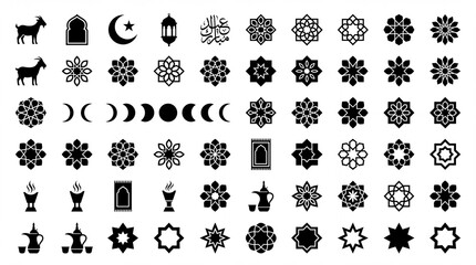 Fototapeta premium Black icons related to Ramadan, Eid al-Fitr, and Islamic culture on white background
