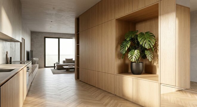 Japandi interior design modern partition shelving built-in closet furniture storage monstrous plant architecture room modern home renovation project room.