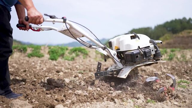 Motorized cultivator tilling soil in rural farm field
