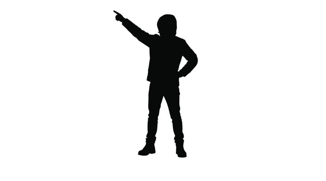 Silhouette of a young man wearing a jacket and pointing his finger towards the upper left