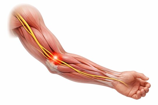 Anatomical visualization ulnar neuralgia elbow cubital tunnel nerve compression inside ghostly human limb representing acute burning arm pain pathological within clinical medical science visual