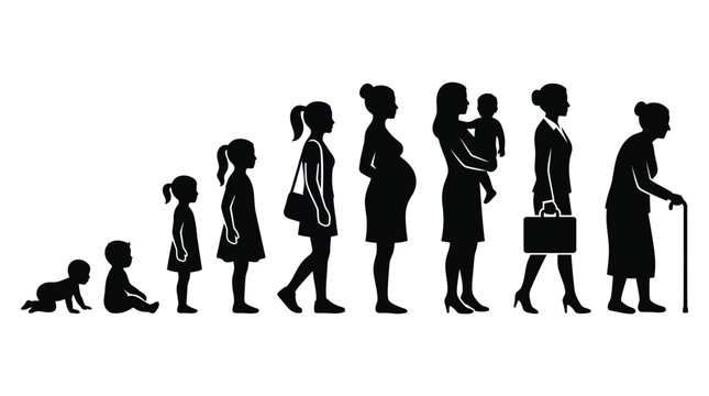 Silhouette collection of human life stages showing the progression from infancy through childhood to old age