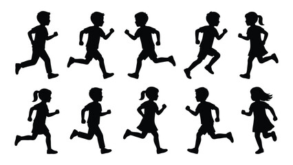 Obraz premium group of children running in various poses black and white silhouette