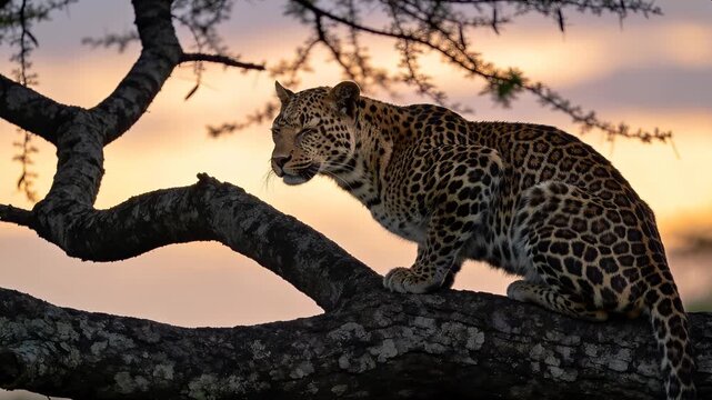 Majestic leopard sitting on a silhouetted tree branch with a warm, colorful sunset in the background
