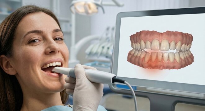 Advanced orthodontic digital impression process showing real-time 3D teeth and jaw scan and highlighted alignment correction areas on monitor for modern dental treatment