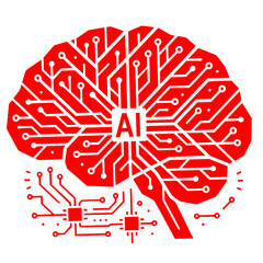 Naklejka premium Stylized illustration of a human brain formed by electronic circuit lines with “AI” in the center, symbolizing artificial intelligence and the fusion of technology with human cognition.