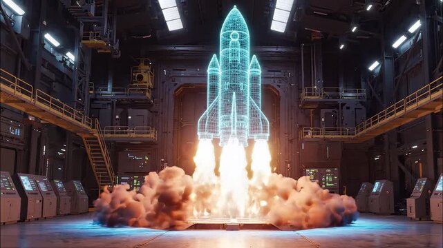 Blue Digital Rocket Ship Hologram Blasting Off With Smoke Inside Research Center
