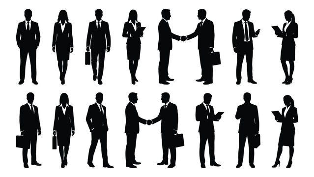 Collection of business people silhouettes in formal attire with briefcases handshakes and isolated figures silhouette