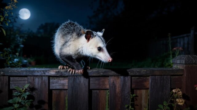 Wild virginia opossum walking along a wooden fence top in a garden during a moonlit night