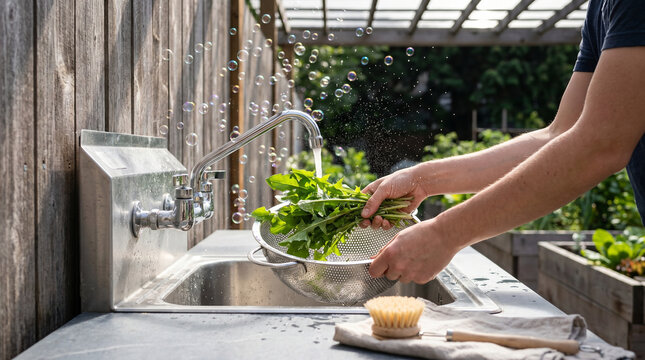 Dandelion greens being washed in a colander at an outdoor sink bolted to a community garden fence, soap suds catching light, perfect for urb