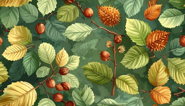 Autumnal foliage pattern featuring leaves nuts and textures for seasonal designs