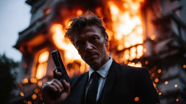 A suave spy in a black suit holding a silenced pistol in front of a burning building