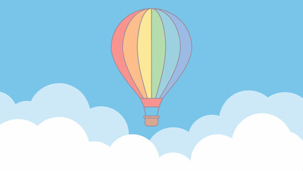 Fototapeta premium Flat vector illustration of colorful hot air balloon flying above clouds. Travel adventure and tourism concept for summer vacation, festival, and outdoor journey design.