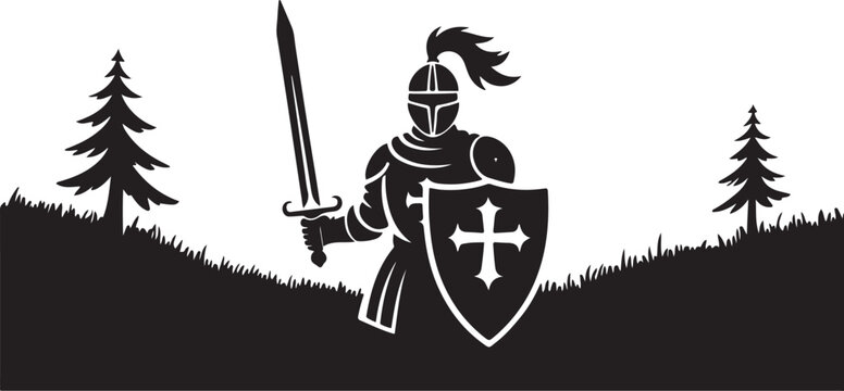 Valiant knight in armor holding sword and shield silhouette vector illustration