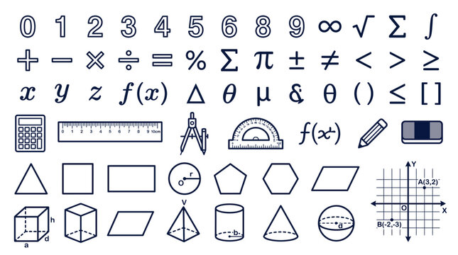 Mathematical symbols collection featuring numbers geometric shapes and school stationery icons on white background, representing academic learning tools and illustrating classroom education