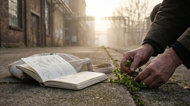 Weathered hands pulling chickweed from a sidewalk crack beside a handwritten field guide, urban foraging in industrial neighborhood, morning 2