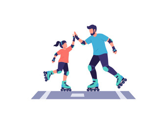 Obraz premium Happy Father and Daughter Roller Skating on Street