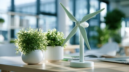Fototapeta premium Tabletop Wind Turbine Model with Green Plants on Desk, symbolizing eco-friendly business and sustainable office environment