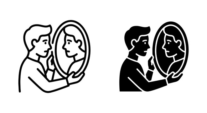 Self Reflection Icon Set, Man Looking in Mirror, Identity Concept, Personal Growth, Silhouette and Outline Styles