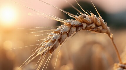 Fototapeta premium Golden Wheat Ear Dew Drops Sunrise Agriculture Harvest Field Golden Hour Light
