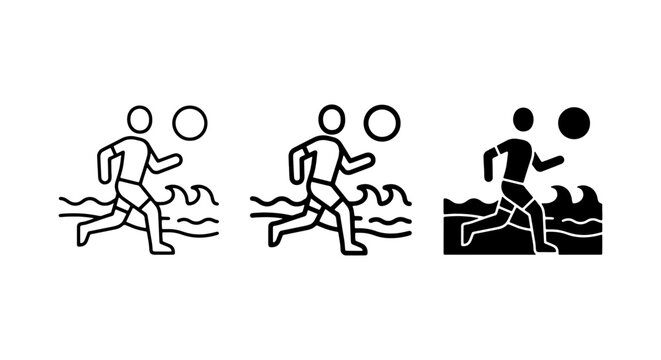 Beach Runner Icon Set, Athletic Man Jogging by Waves, Summer Sport Vector Graphics, Active Lifestyle Silhouette