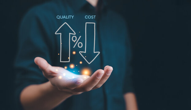 Business performance concept showing rising quality and decreasing cost icons over open palm.