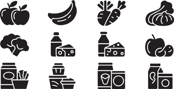 Black food item icons including fruits, vegetables, dairy, and packaged goods. silhouette vector illustration