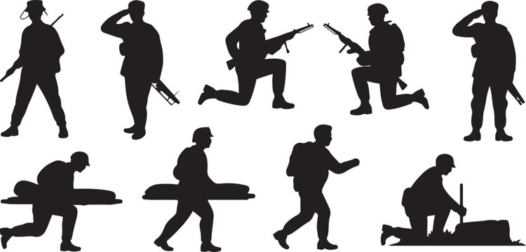 Set of military soldier icons in various poses, actions, and roles, including medical staff. silhouette vector illustration