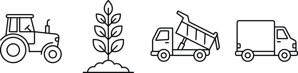 Agriculture and logistics line art icon set featuring a farming tractor plant sprout dump truck and delivery van © Anamul Arafat