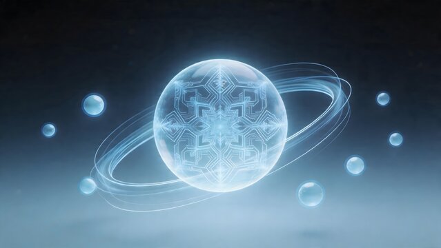 Glowing orb with circuit pattern and orbiting spheres