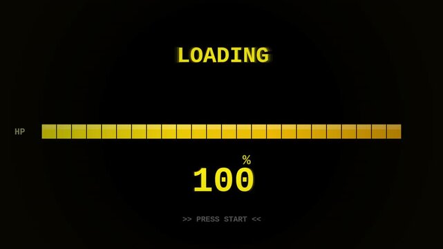 Retro 8-bit pixel bar loading progress HUD seamless loop alpha overlay with percentage counter and yellow arcade digits