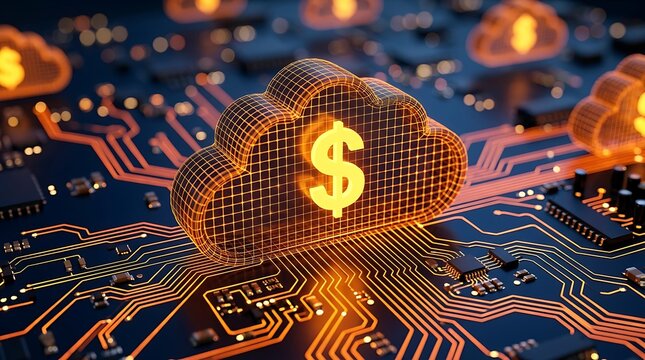 Konsep Cloud Computing Keuangan Digital dengan Simbol Dolar pada Sirkuit Teknologi